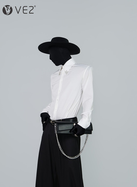 VE2 四季薄款白色八字大尖领长袖衬衫男免烫抗皱西装打底开衫衬衣