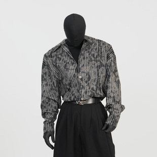 男潮流大码 衬衫 宽松上衣侧开叉衬衣 高级感复古扎染条纹长袖 VE2