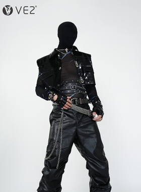 VE2 暗黑先锋亮面PU皮垫肩马甲男女朋克舞台演出队服高腰短款夹克