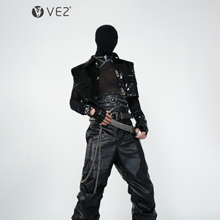 VE2 夹克 暗黑先锋亮面PU皮垫肩马甲男女朋克舞台演出队服高腰短款