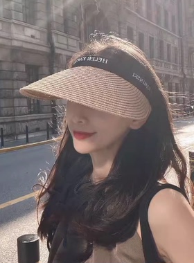 夏季大檐遮阳空顶骑行草帽女