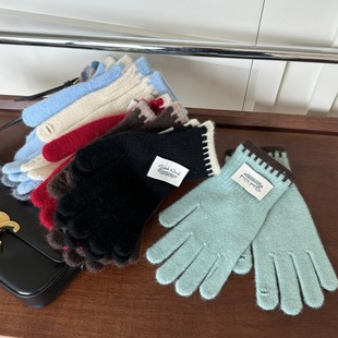 冬季羊毛混纺撞色针织手套女韩版骑行保暖防风露指可触屏分指手套