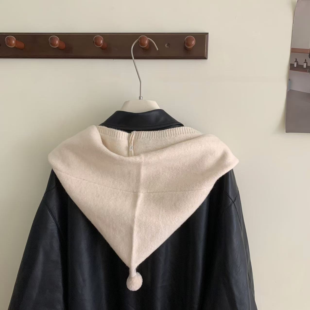 韩版秋冬加大加厚针织围巾羊毛百搭毛线假领装饰帽子毛球连帽披肩