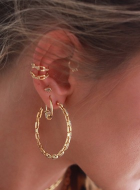 unnco｜欧美ins镶钻锆石金色大圈耳环 Chains链粒开口可调耳夹