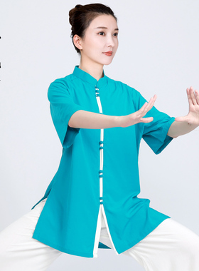 2026夏季薄款女式夏太极服女款蓝色套装专业八段锦练功服短袖拳服