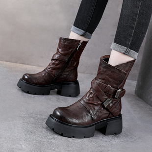 新款爆款靴子女款配裙子中筒加绒靴子女鞋黑色厚底马丁靴女小个子