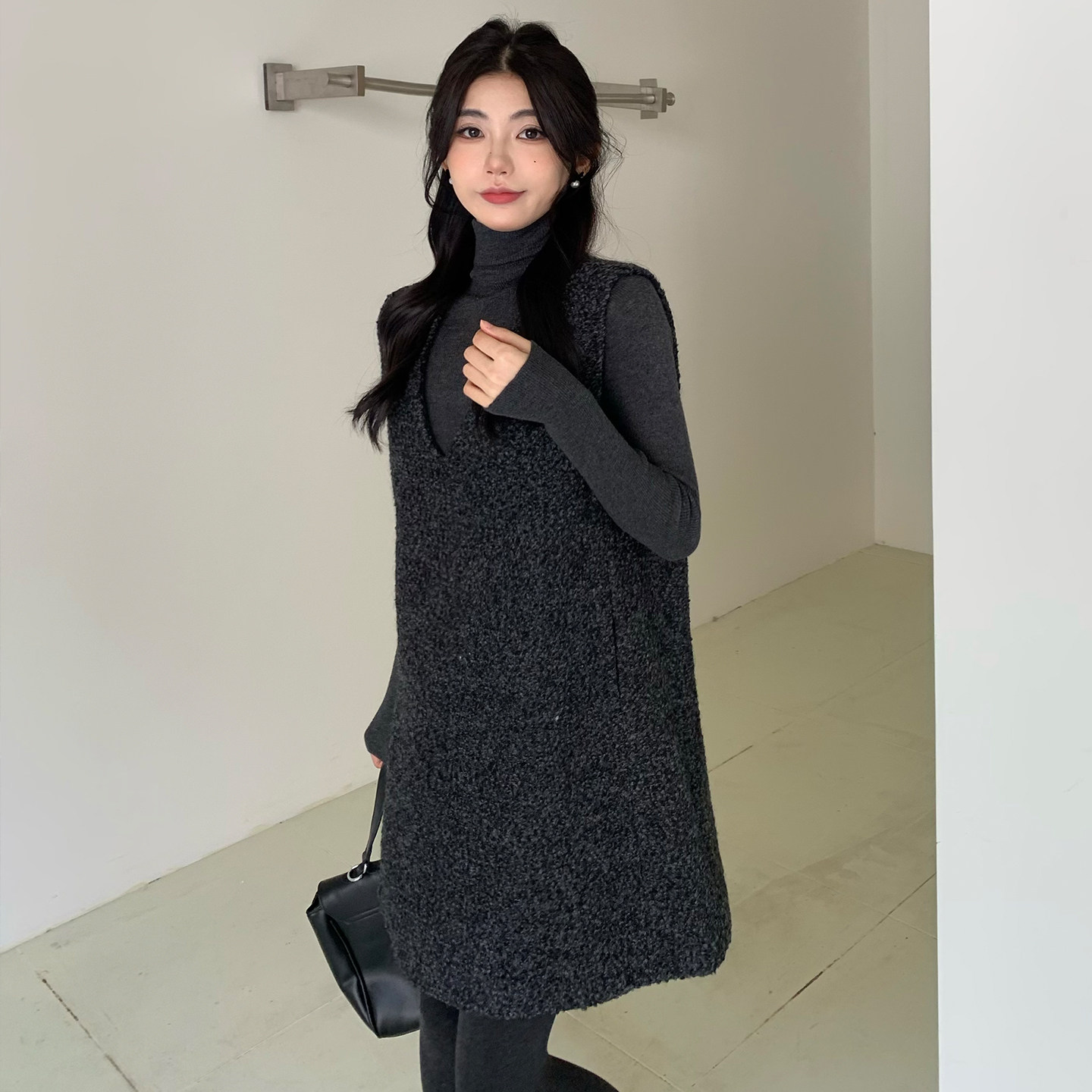两件套V领背心裙雪花尼料韩系2025冬显瘦裙8899-B280-P155-K205,女装连衣裙,浙宝280
