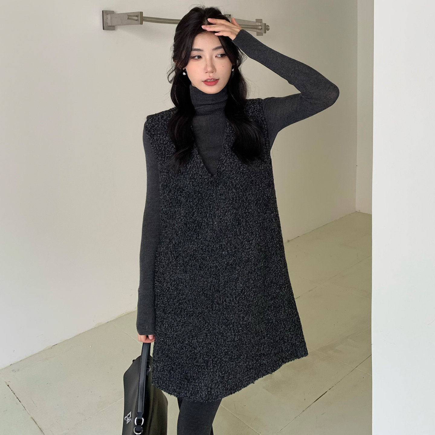 两件套V领背心裙雪花尼料韩系2025冬显瘦裙8899-B280-P155-K205，女装连衣裙，浙宝280