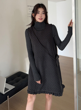 送包三件套波点荷叶边名媛风背心尼料连衣裙8088-B280-P165-K215