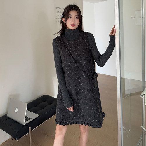 两件套波点尼料背心连衣裙女