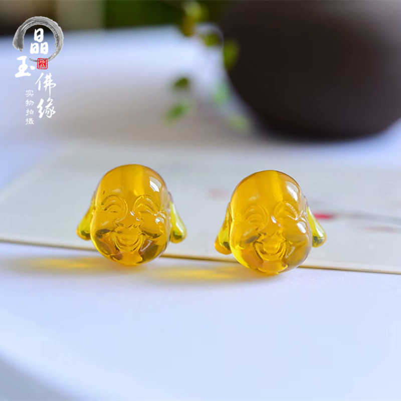 金珀佛头手串天然原矿琥珀蜜蜡雕刻佛头手串弥勒佛笑面佛手串背云