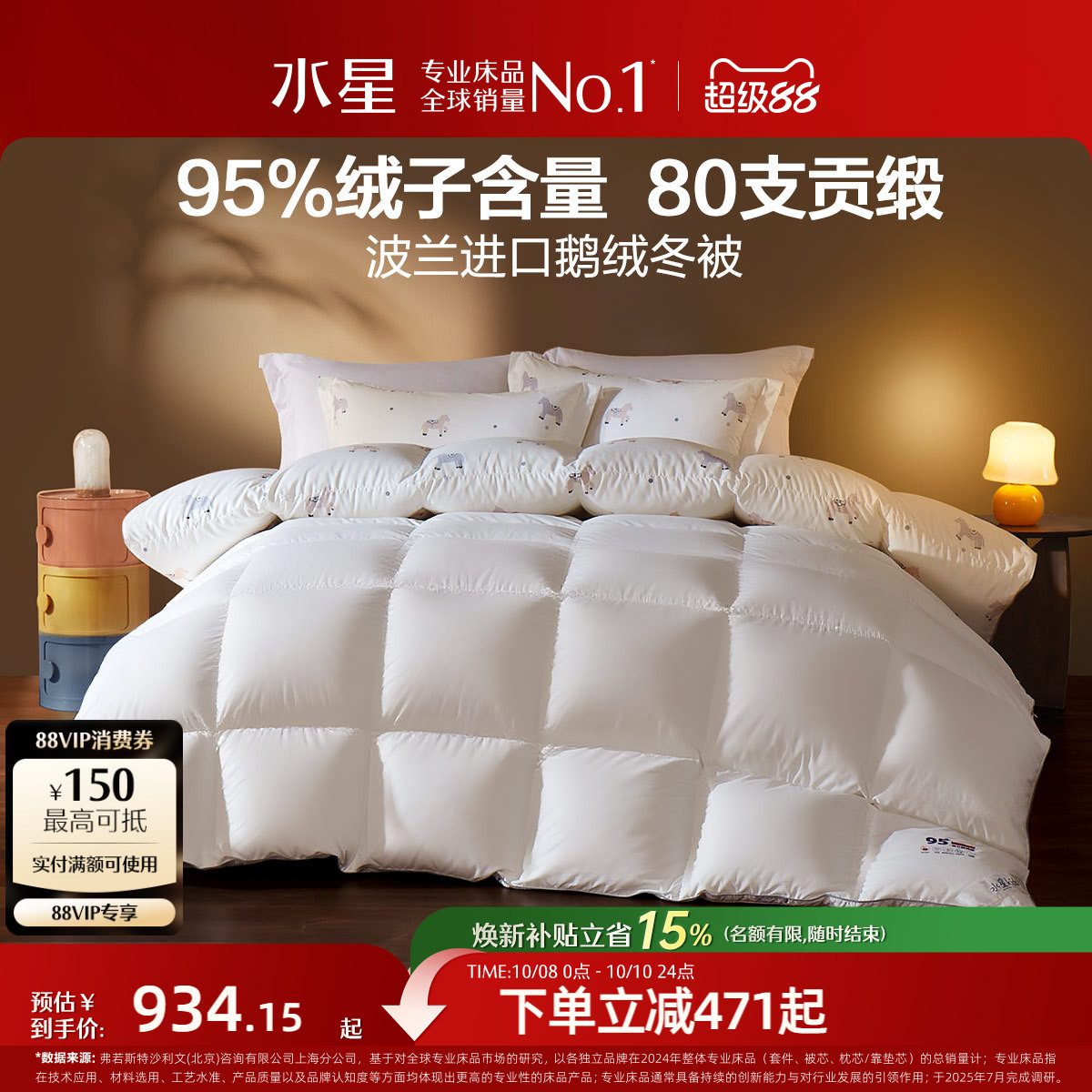 水星家纺儿童进口白鹅绒抗菌冬被