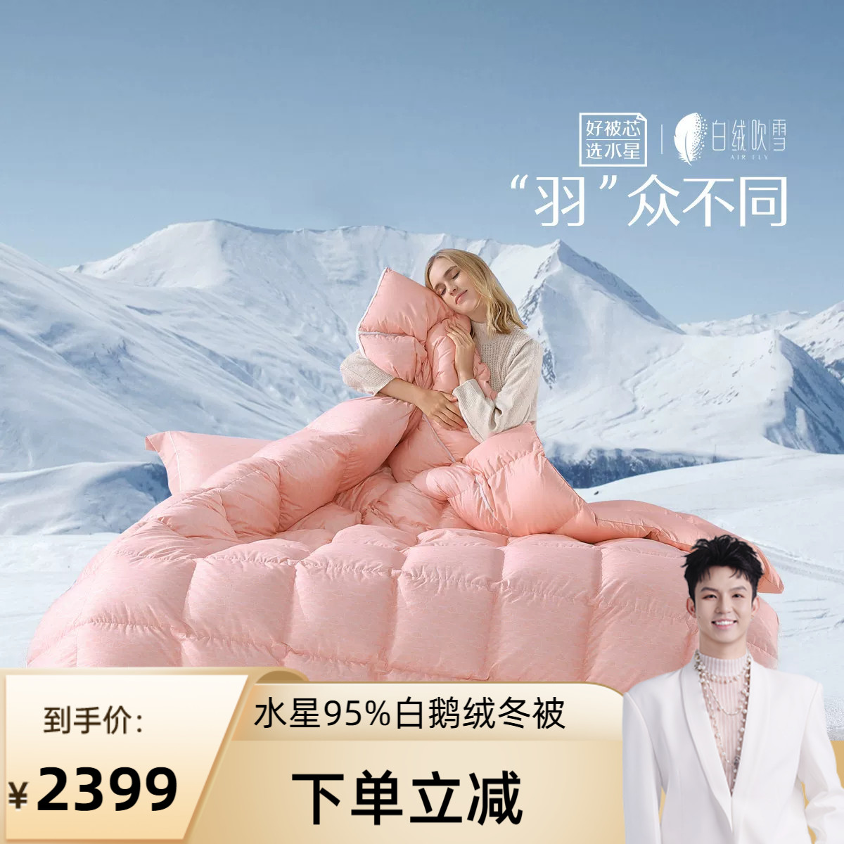 水星家纺95白鹅绒抑菌防螨羽绒被