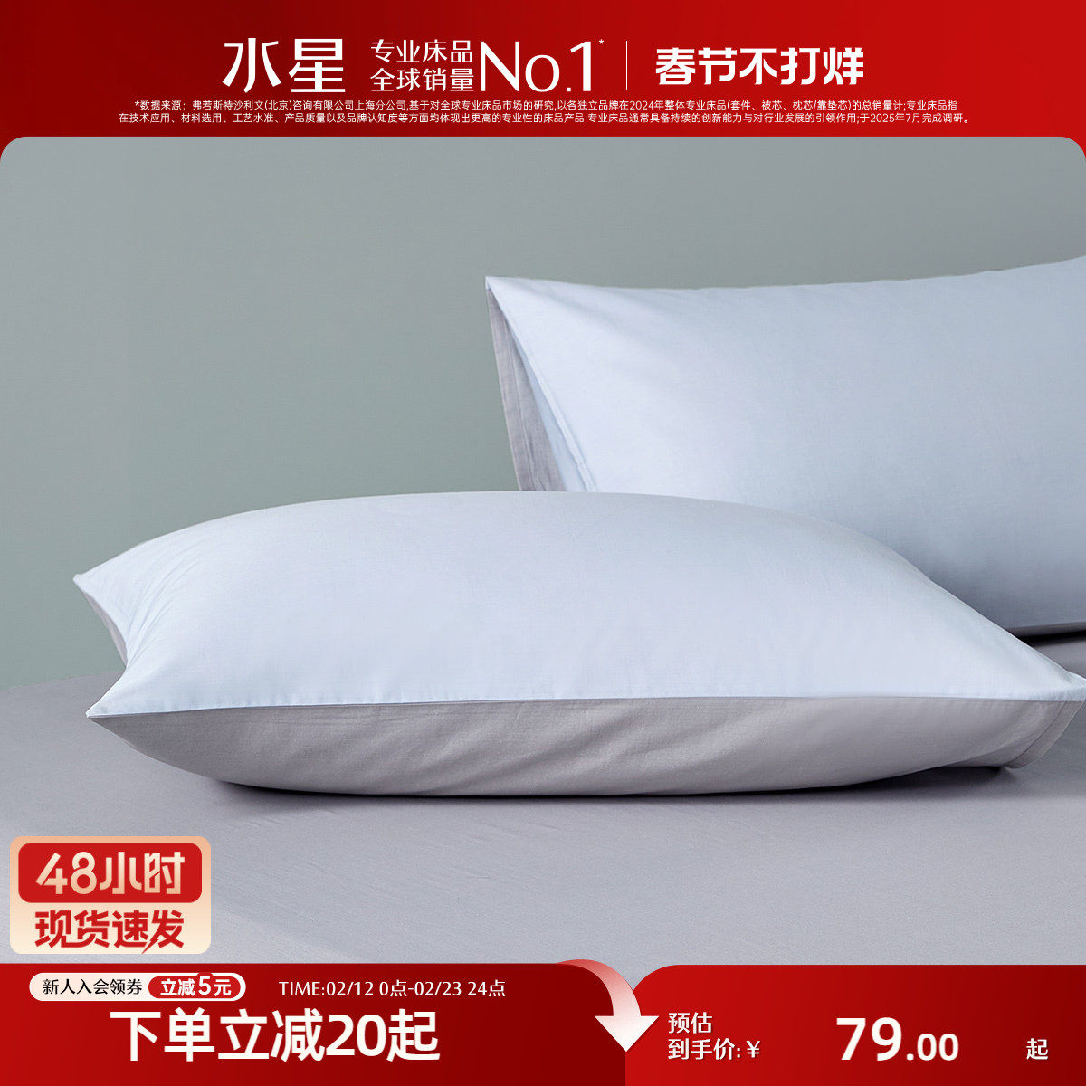 水星家纺天丝™棉对枕套A类莱赛尔棉枕头套一对装凉感床品25新品