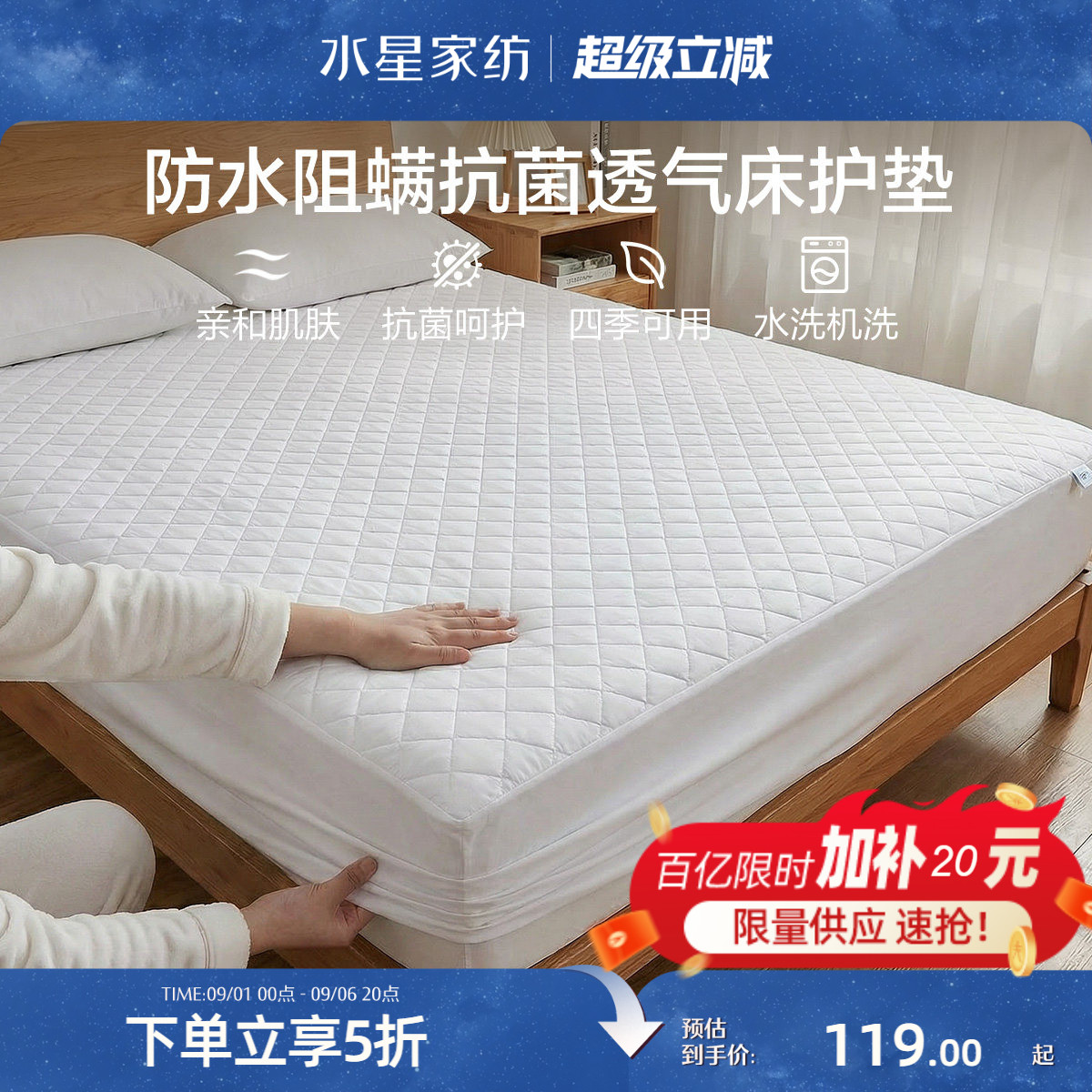 水星家纺抗菌床垫保护罩单件图片