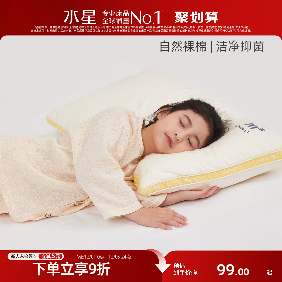 水星家纺蚕丝枕芯全棉抑菌低敏