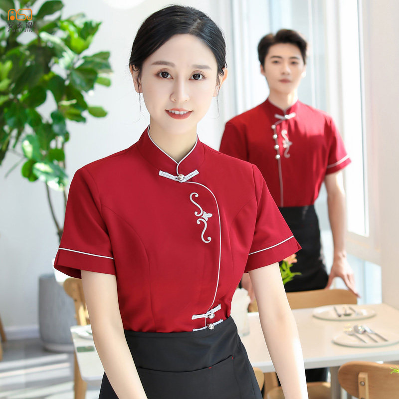 酒店中式服务员短袖茶楼餐厅饭店传菜员工作服装半袖女民族风工衣
