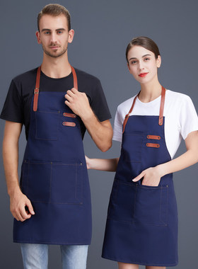 时尚纯棉帆布围裙定制绣字LOGO咖啡蛋糕店女烘焙厨房工作服皮带款