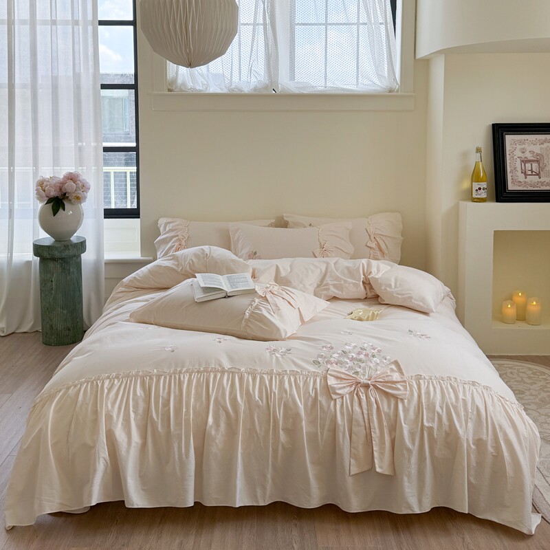 全棉四件套韩版刺绣被套纯棉小清新4件套床上用品新婚套件床笠款