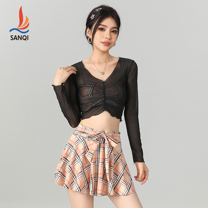 三奇泳衣女分体防晒长袖罩衫2025新款小胸聚拢比基尼泡温泉三件套