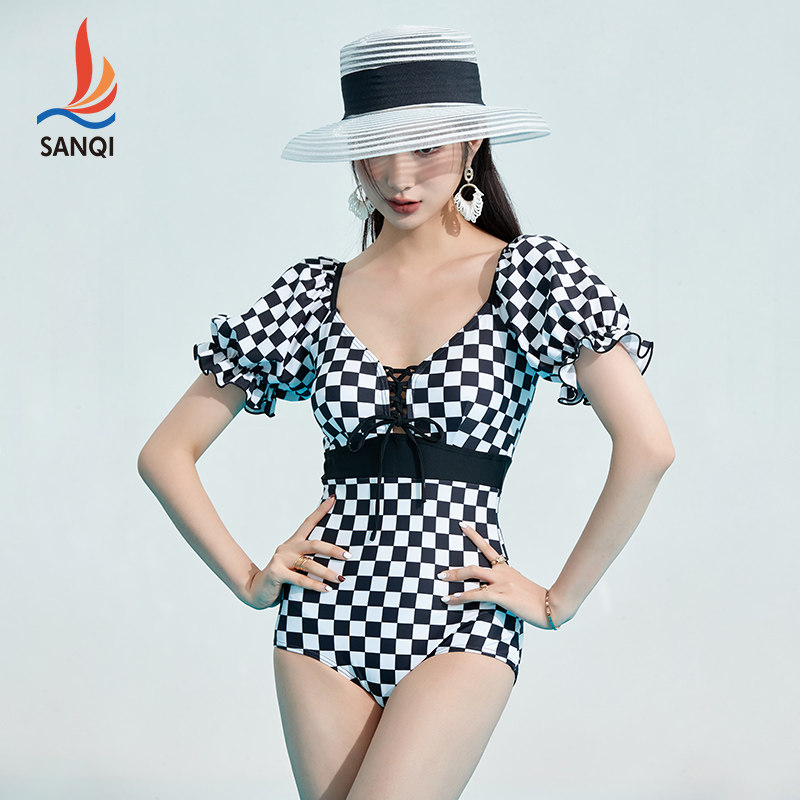 三奇格子泳衣女夏性感网红风高腰