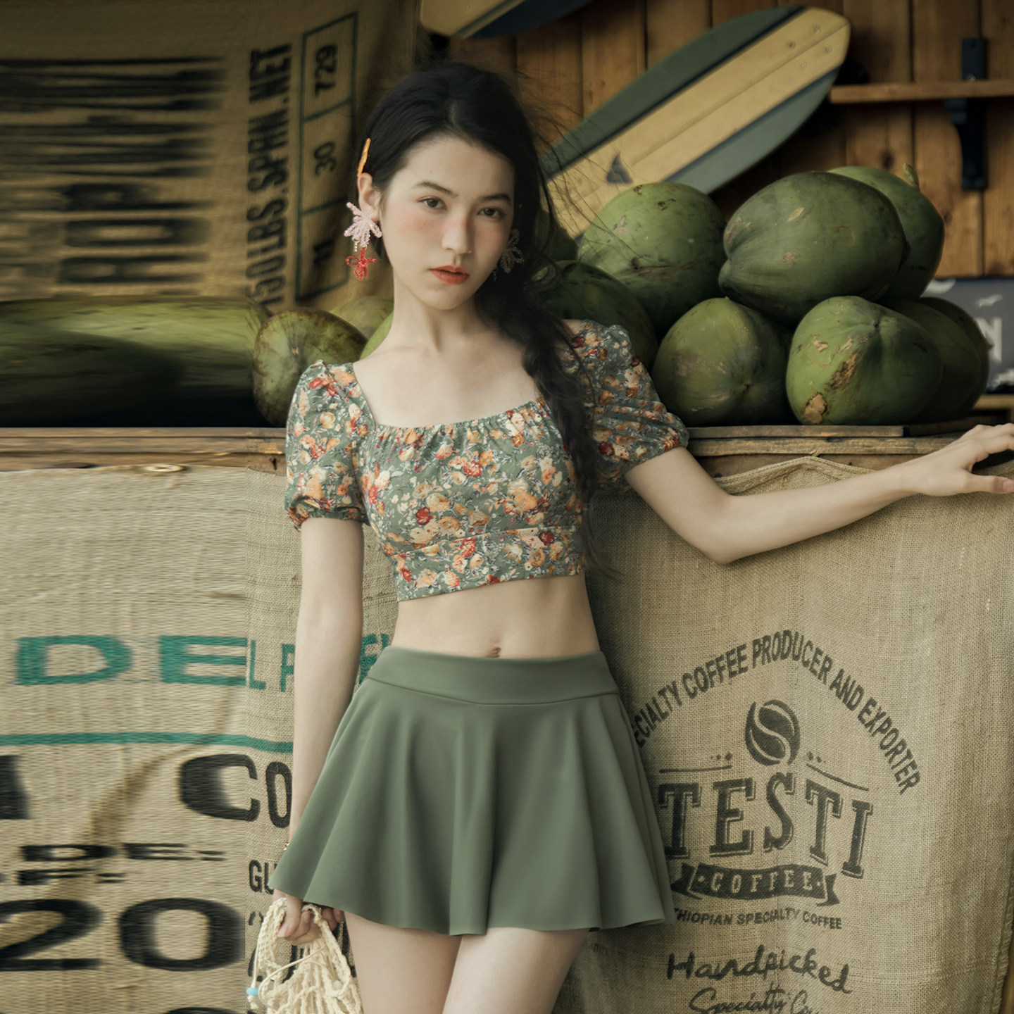 三奇花色优雅复古裙式分体泳衣女士2025新款泳装泡温泉海边度假风