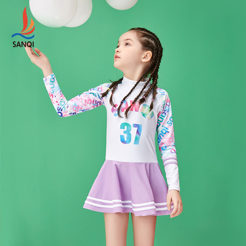 儿童泳衣女童夏季连体长袖裙式平角保守2026新款中大童游泳装