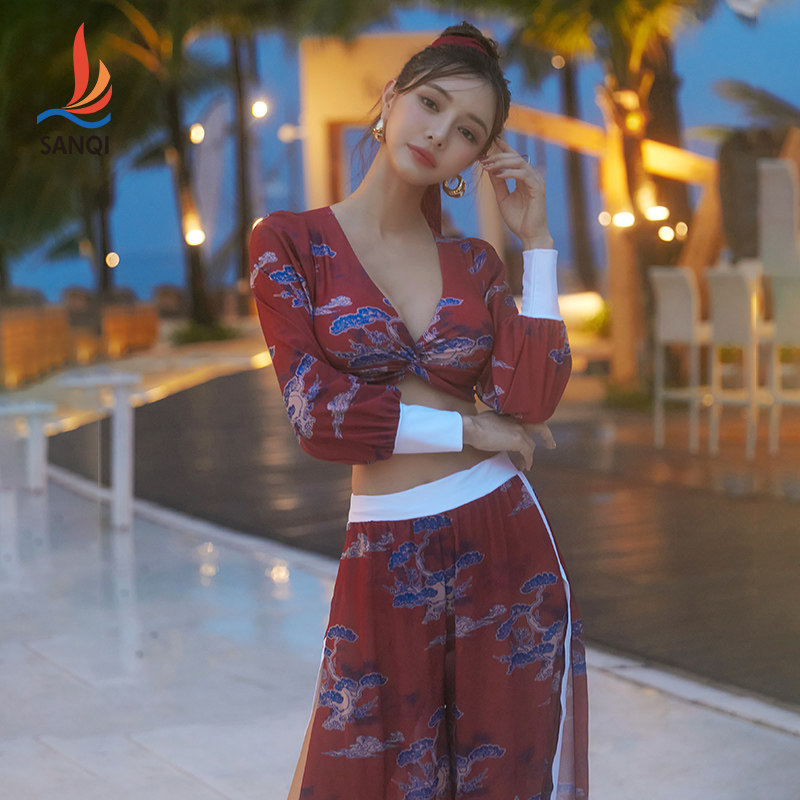 三奇中国风印花防晒长袖分体泳衣女士长裤短裤三件套海边度假性感