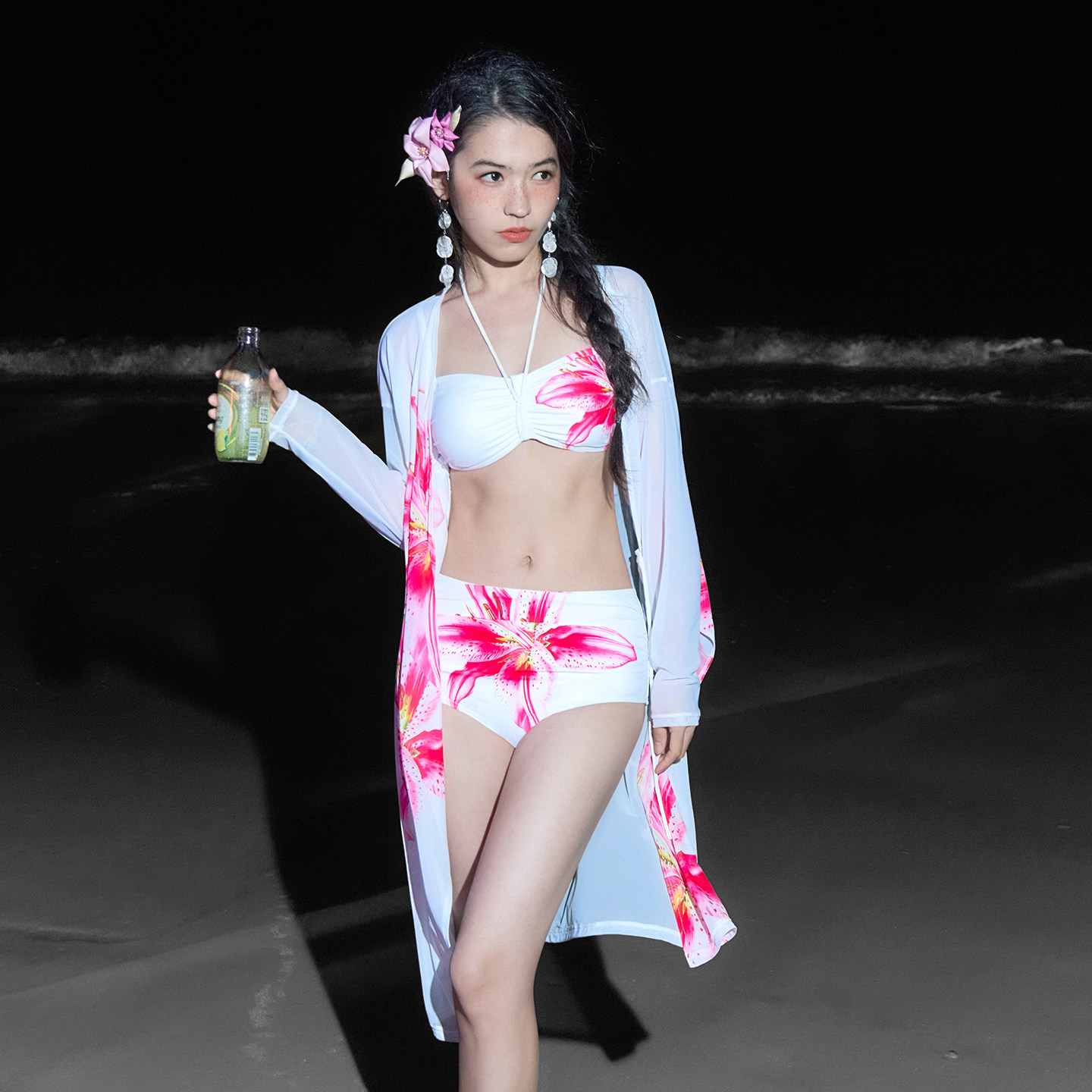 三奇泡温泉海边度假比基尼罩衫分体泳衣三件套2025新款女性感浪漫