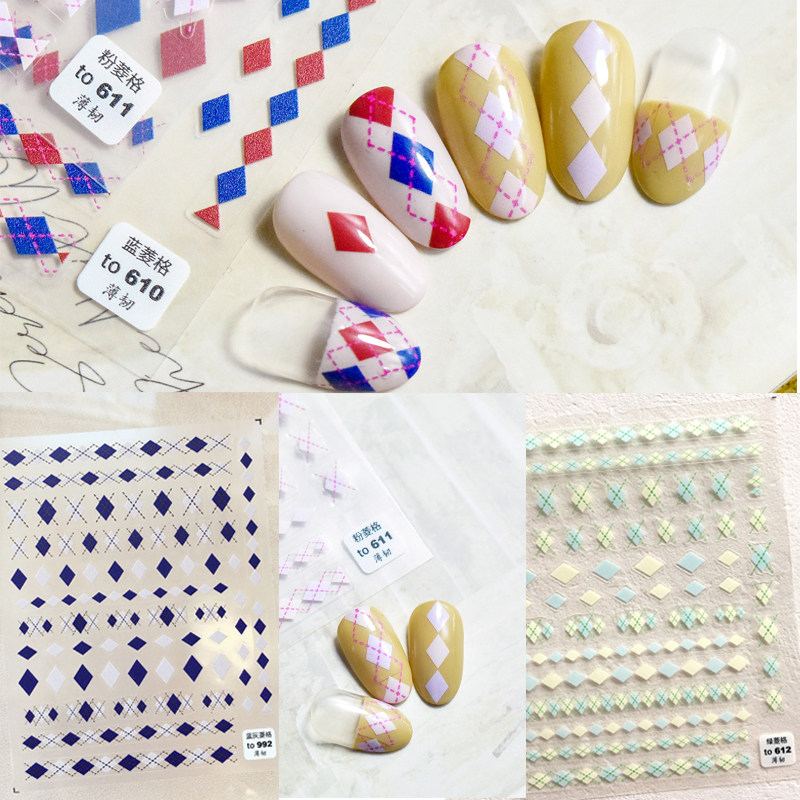 新工艺tomoni薄韧带背胶美甲贴纸 蓝色红色粉色绿色菱形格子格纹