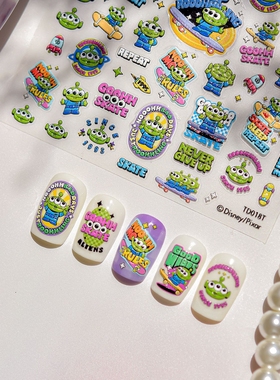 新工艺tomoni&迪士尼联名款背胶美甲贴纸绿色三眼怪浮雕卡通贴画