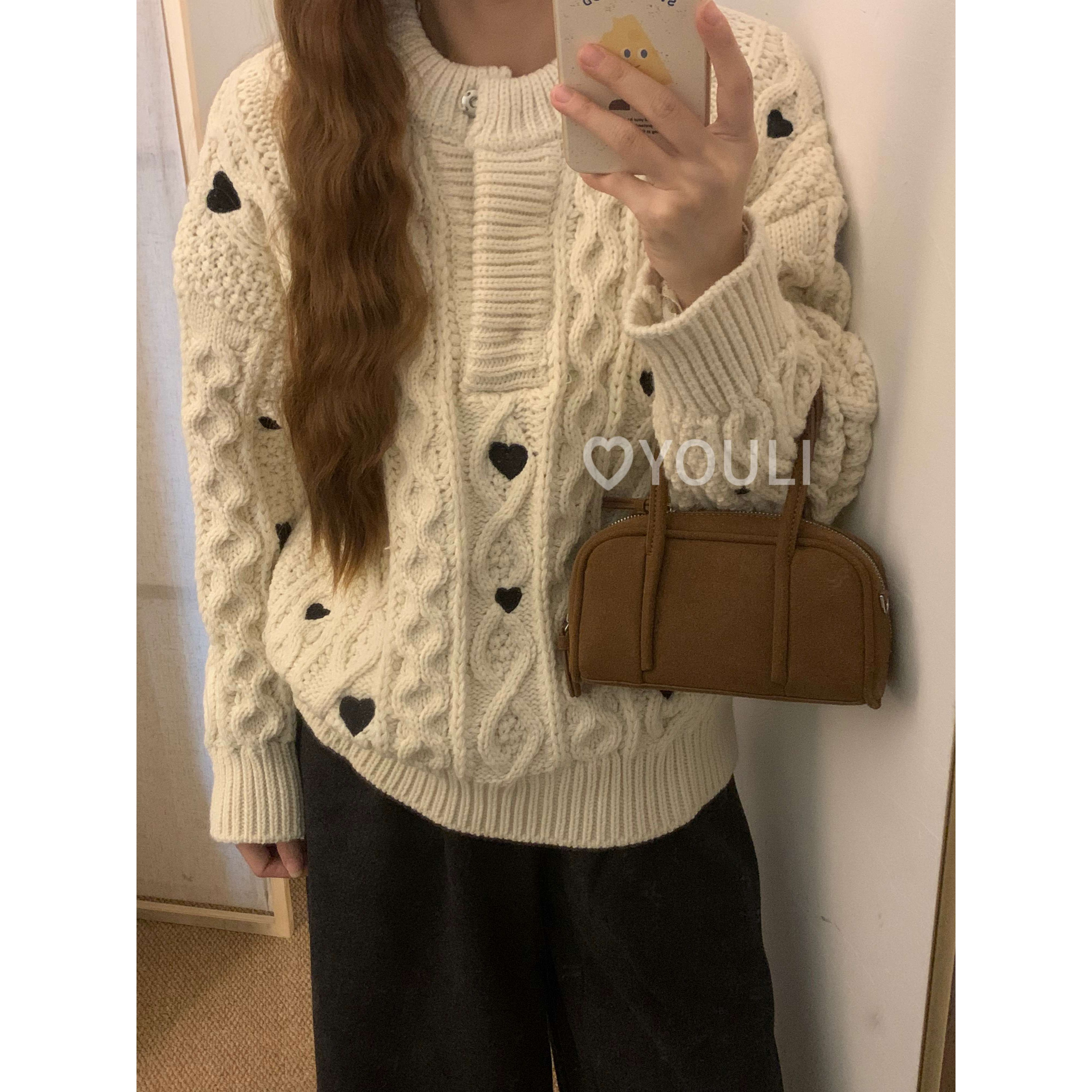 YOULI尤梨韩系麻花针织衫女刺绣爱心图案圆领套头加厚保暖毛衣