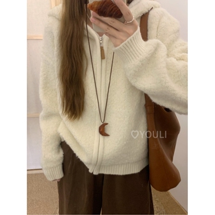 YOULI尤梨韩系复古针织开衫女宽松加厚连帽针织衫外套