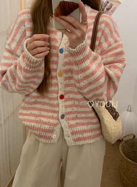 YOULI尤梨2025新款条纹连帽毛衣针织开衫外套女秋冬慵懒风毛衣