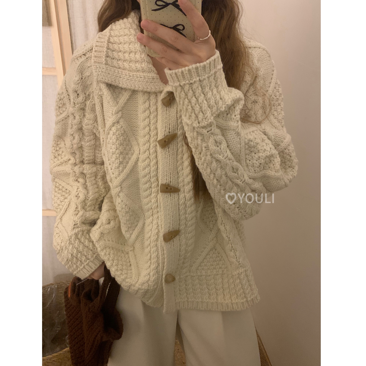 YOULI尤梨韩系复古针织开衫女宽松慵懒风麻花翻领毛衣针织衫外套