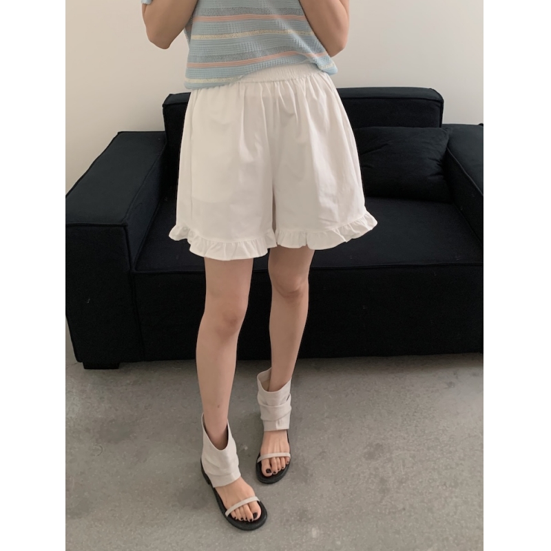 韩系夏季牛仔短裤木耳边松紧腰休闲短裤女春夏新款宽松阔腿热裤