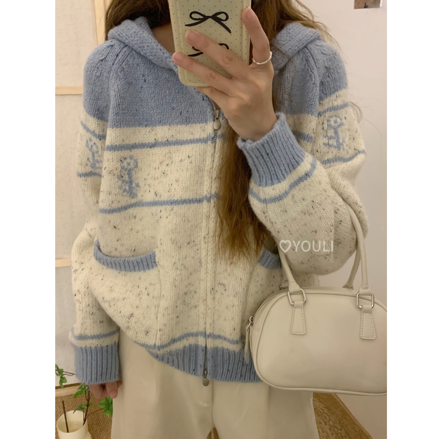 YOULI尤梨韩系复古设计感针织开衫女宽松秋冬季新款毛衣外套