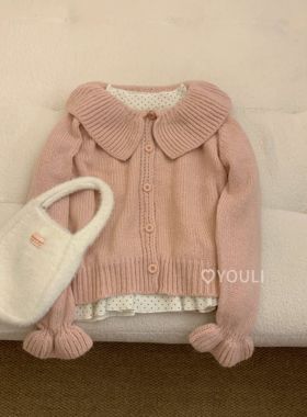 YOULI韩系针织开衫娃娃领加厚保暖可爱针织衫翻领纯色毛衣上衣