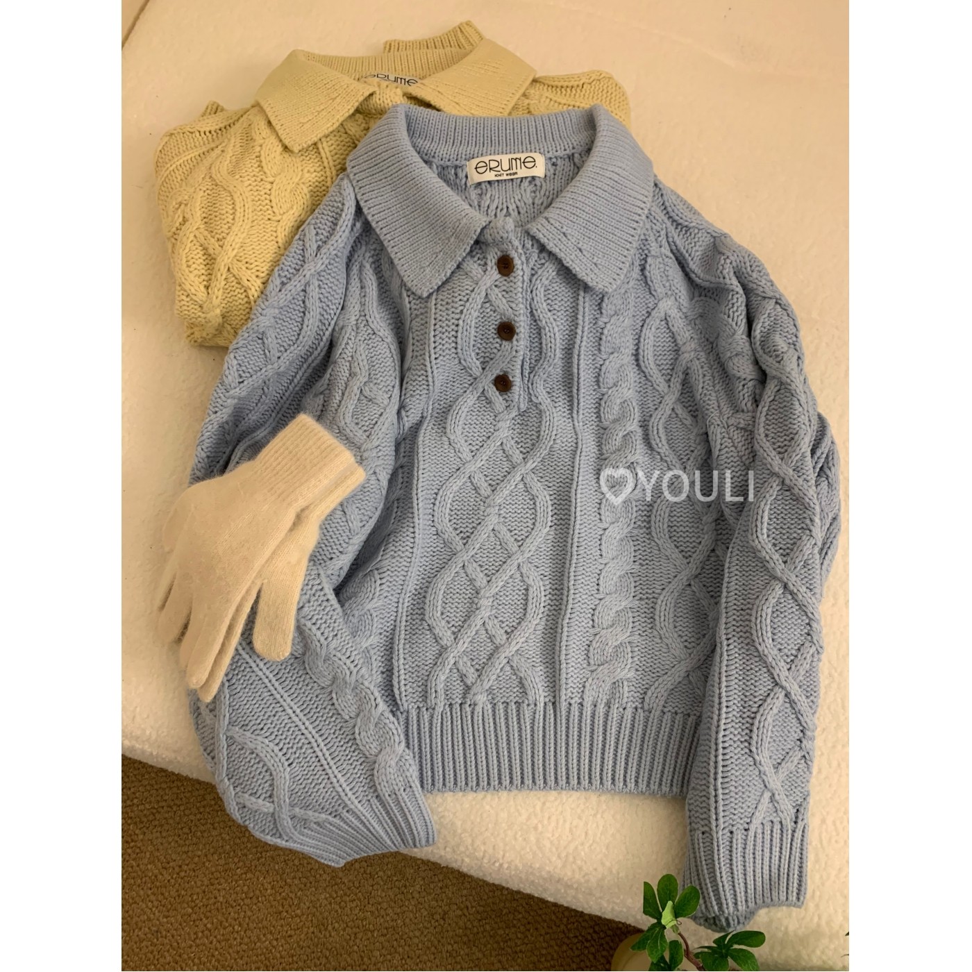 YOULI尤梨复古麻花纹polo翻领针织衫女秋冬宽松套头毛衣针织衫,女装/女士精品,毛针织衫,淘宝优惠券,粉丝福利购,淘宝优惠卷