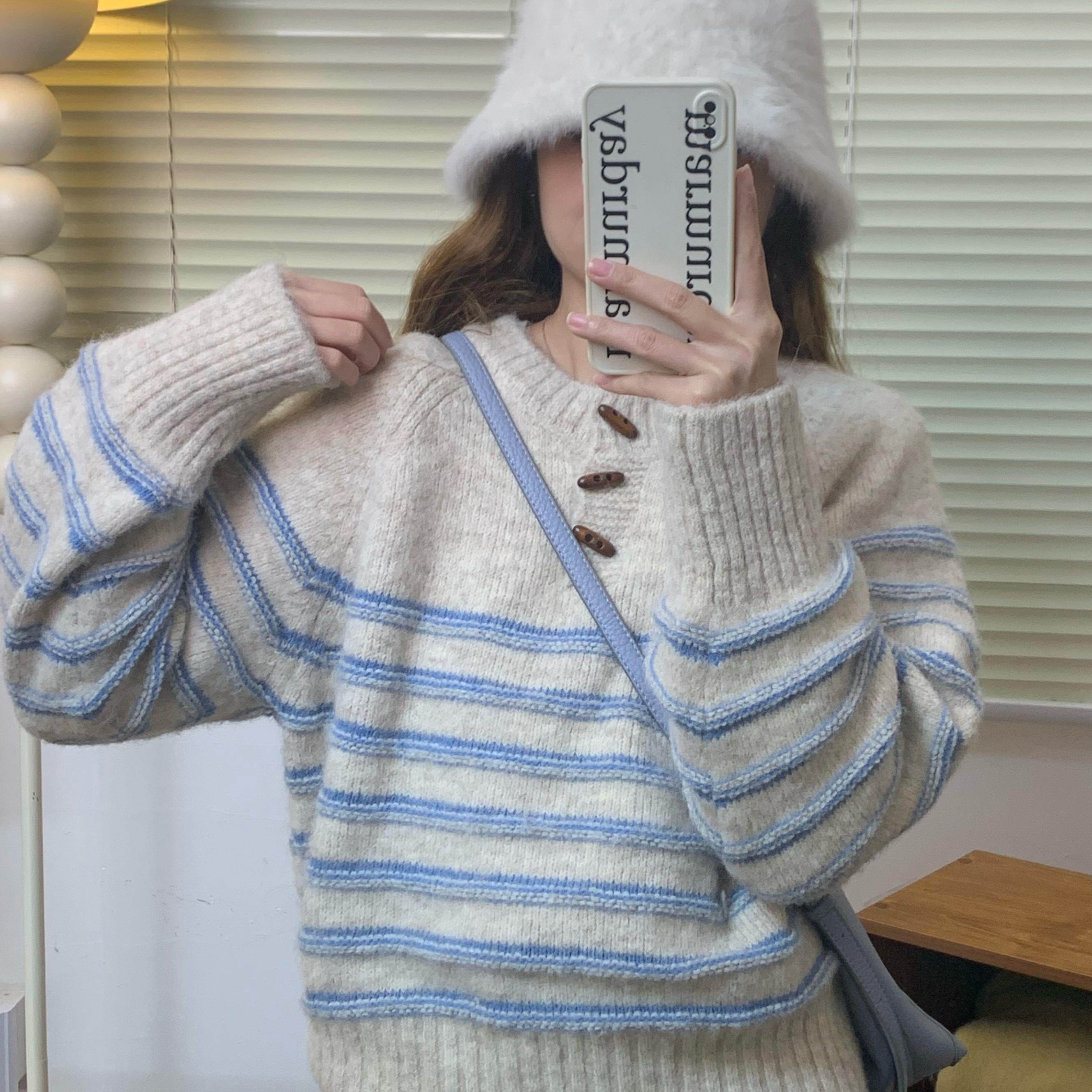 韩系条纹毛衣衣长复古针织衫套头毛衣,女装/女士精品,毛针织衫,淘宝优惠券,粉丝福利购,淘宝优惠卷