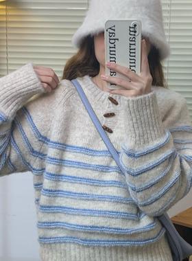韩系条纹毛衣衣长复古针织衫套头毛衣