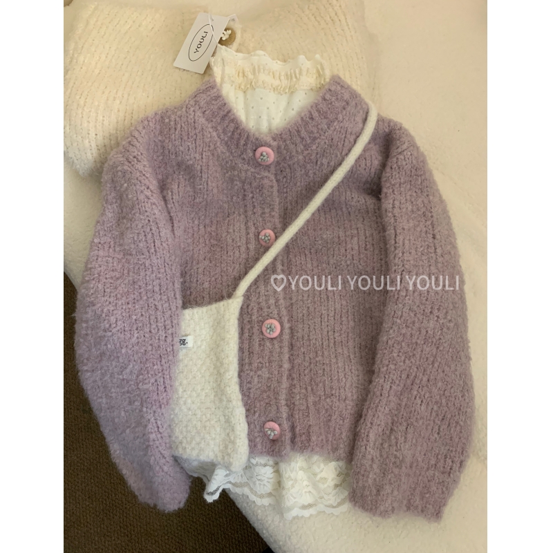 YOULI尤梨韩系复古针织开衫女别致扣子宽松慵懒风针织毛衣外套