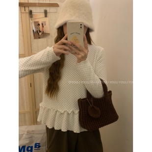 YOULI尤梨韩系复古波点磨毛打底衫 打底叠穿波点上衣T恤 女长袖