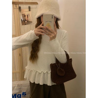 YOULI尤梨韩系复古波点磨毛打底衫女长袖打底叠穿波点上衣T恤