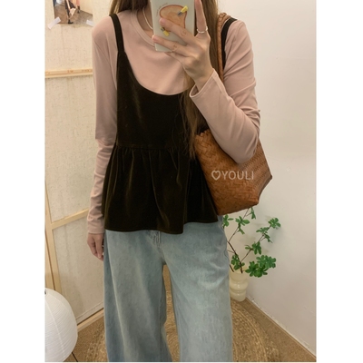 YOULI尤梨韩系复古设计感丝绒吊带女+纯色打底内搭叠穿两件套女