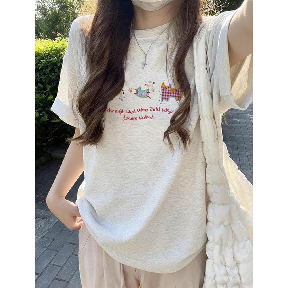 夏季白灰色纯棉短袖T恤女