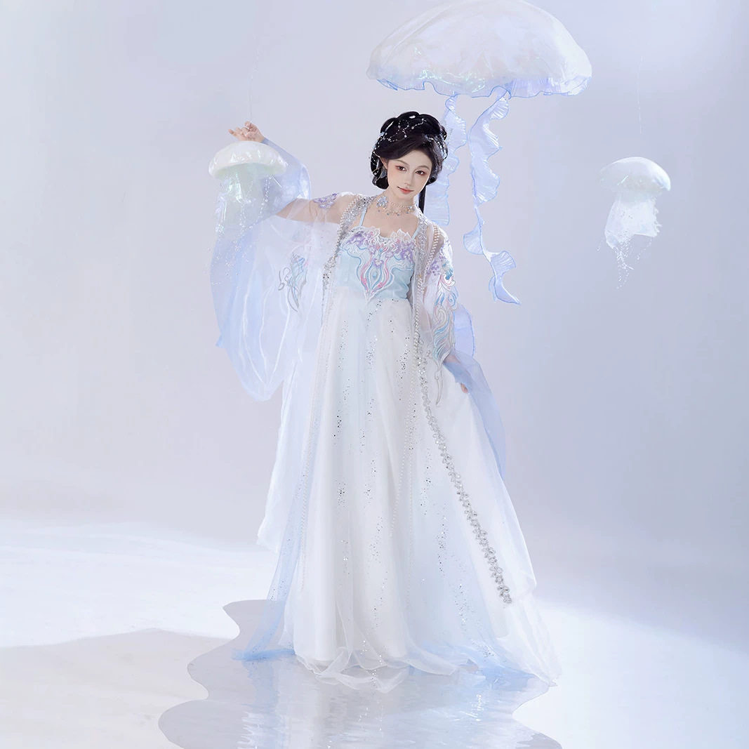 唐制夏季汉服女套装2026新款改良刺绣齐胸裙大袖衫蓝色仙女风古装