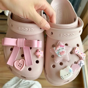 多巴胺可爱蝴蝶结洞洞鞋立体原创可拆卸粉色系kitty配件鞋花搭配