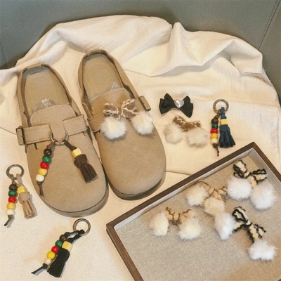 秋冬MIU串珠流苏毛绒蝴蝶结鞋扣高级感勃肯鞋鞋花德训袋鼠鞋挂件