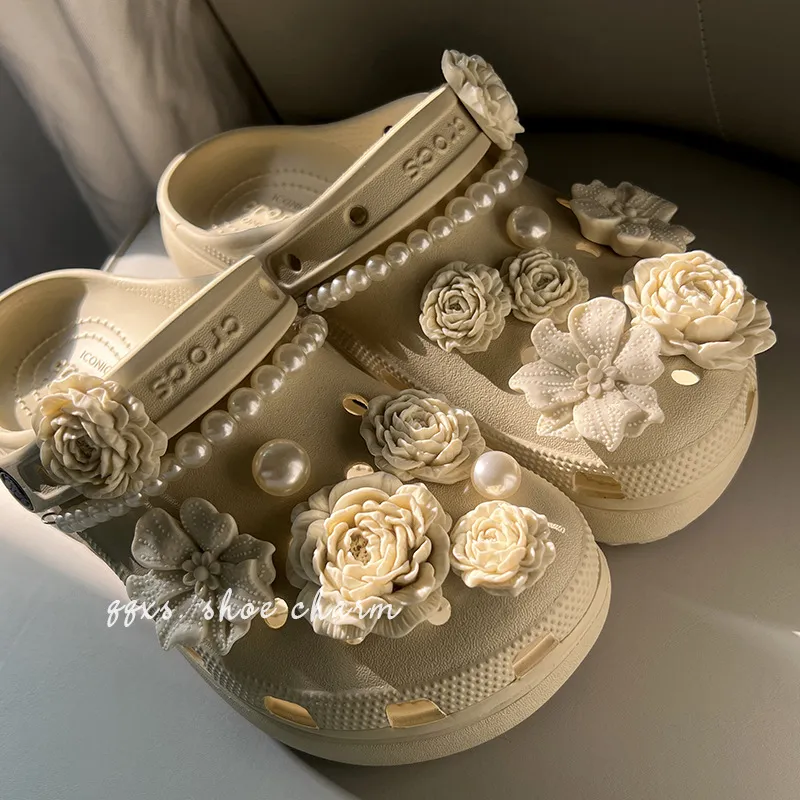巨美高级感亚麻花束洞洞鞋配饰crocs鞋花珍珠鞋扣梦幻diy装饰扣